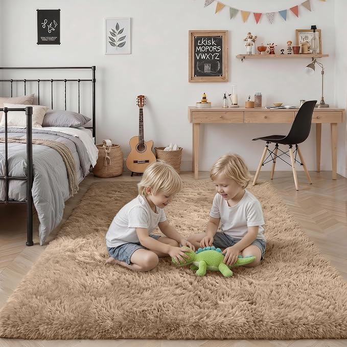 Fluffy 5x7 Area Rugs for Living Room Bedroom: Ultra Soft Shag Rug Non-Slip Non-Shedding Small Plush Bedside Rug Indoor Floor Carpets for Kids Room Playroom Entryway Nursery Dorms Home Decor Beige