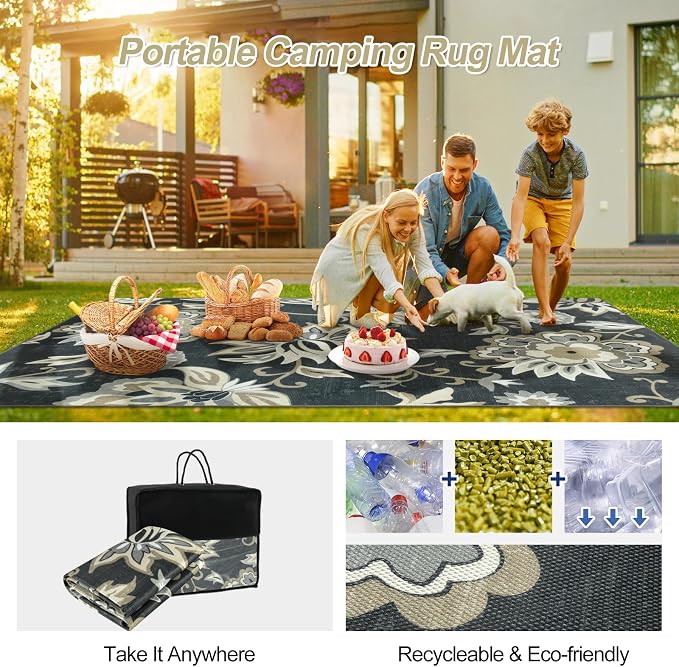Lahome Black Outdoor Rug 8x10, Non Slip Indoor Outdoor Patio Rug for Camping, Portable Large Outdoor Rugs for Balcony Deck Backyard, RV Mat Outdoor Carpet for Living Room Bedroom,Black