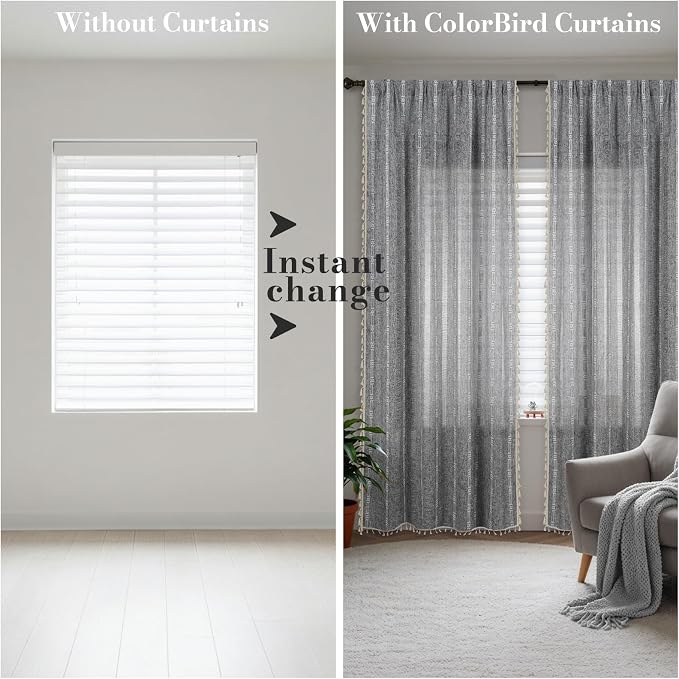ColorBird Boho Curtains Linen-Textured for Bedroom Living Room Light Filtering 84 Inches Grey Farmhouse Curtains & Drapes Embroidered Striped for Closet Dining Dooraway Window Treatment