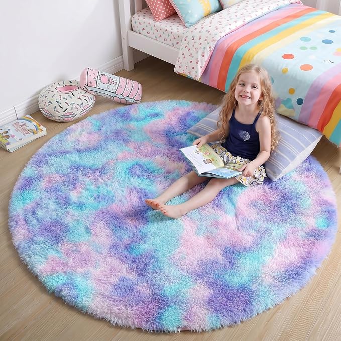 Amdrebio Purple Rainbow Round Area Rug 7Ft for Girls Bedroom Living Room Decor, Colorful Floor Mermaid Kids Rugs for Playroom Nursery Classroom, Fluffy Fuzzy Cute Plush Carpet, Large Big Circle Rug
