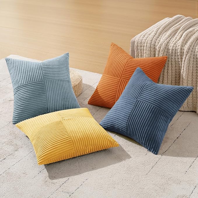 MIULEE Summer Yellow Blue Decorative Throw Pillow Covers 20x20 Inch Set of 4 Soft Corduroy Boho Patchwork Pillow Covers Modern Farmhouse Bright Home Decor for Sofa Living Room Couch Bed