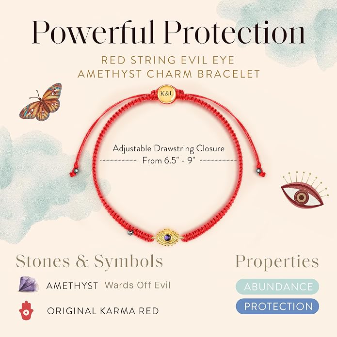 KARMA AND LUCK Powerful Protection, Red String Bracelet & Evil Eye Charm for Women with Genuine Gemstone, Size 5.5"-7.5”