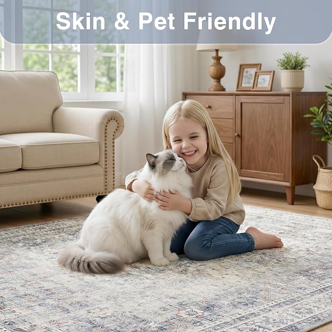 FMFUNCTEX Entryway Rug 2x3 Blue Washable Neutral Vintage Distressed Oriental Door Mat Non Slip Low Pile Indoor Carpet Soft Retro Small Throw Area Rugs for Entry Entrance Bedroom Kitchen Bathroom