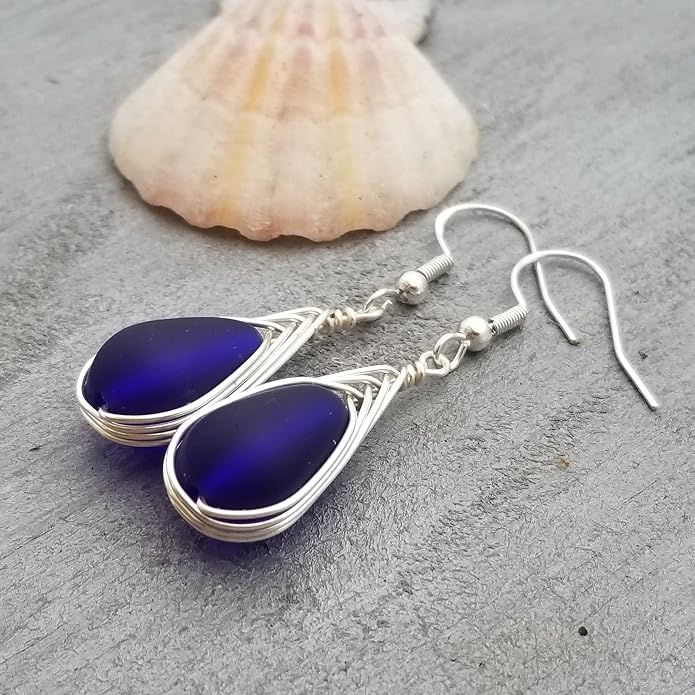Handmade Sea Glass Earrings, Hawaiian Jewelry, Wire Braided Earrings Teardrop Earrings, Beach Jewelry Sea Glass Jewelry For Women Birthday Gift
