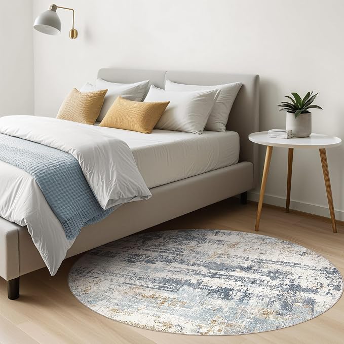 7ft Round Rug Living Room Rugs: 7x7 Washable Circle Large Abstract Modern Soft Stain Resistant Non Slip Indoor Floor Carpet for Bedroom Nursery Office Dining Room Dorm Home House- Light Blue