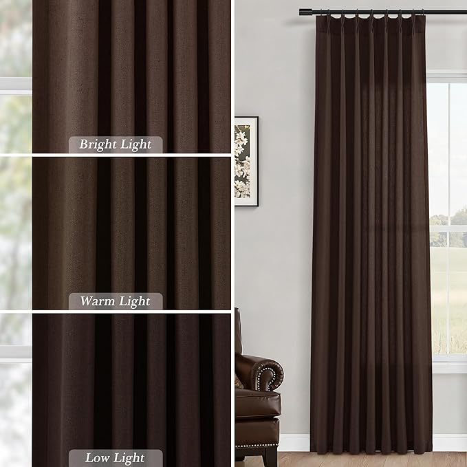 Aersas Coffee Brown Pinch Pleated Linen Curtains 102 Inches Long for Living Room Pleat Drapes Hooks Back Tab Neutral Boho Farmhouse Country Semi Sheer 102 Inch Curtain for Dining Bedroom