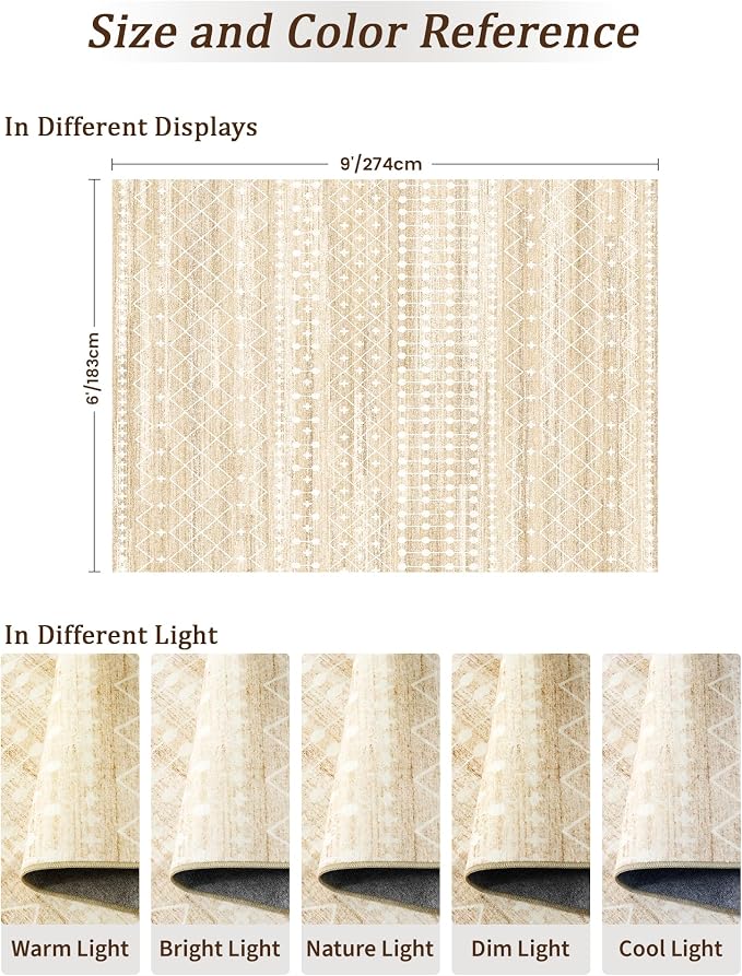 Miukiki 6x9 Area Rug for Living Room Moroccan Washable Rugs Non Slip Indoor Floor Carpet Foldable Large Soft Area Rug for Dining Room Bedroom with Low Pile(Beige,6'x9')