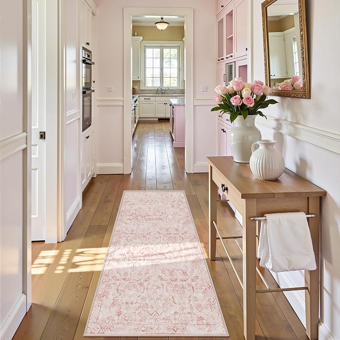Pink 2x5 Runner Rug for Hallways Bed Side Kitchen, Boho Washable Distressed Low-Pile Floor Entryway Long Bathroom Mat, Non-Slip Laundry Room Washstand Front Carpet 24x60 Inch