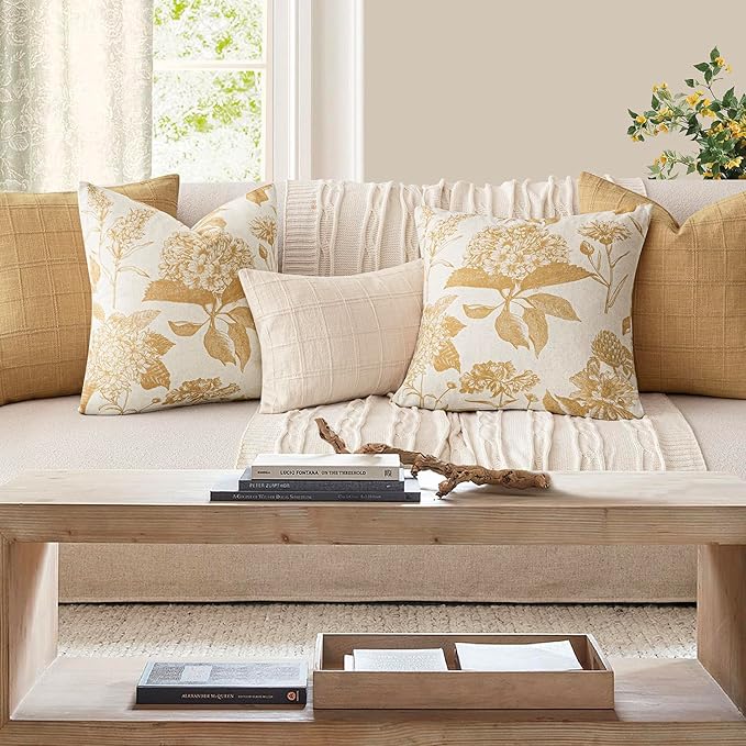 Foindtower Set of 2 Linen Floral Vintage Throw Pillow Covers Neutral Accent Print Decorative Cozy Cushion Covers Farmhouse Home Decor for Sofa Chair Couch Bed Living Room,20×20 Inch,Light Yellow