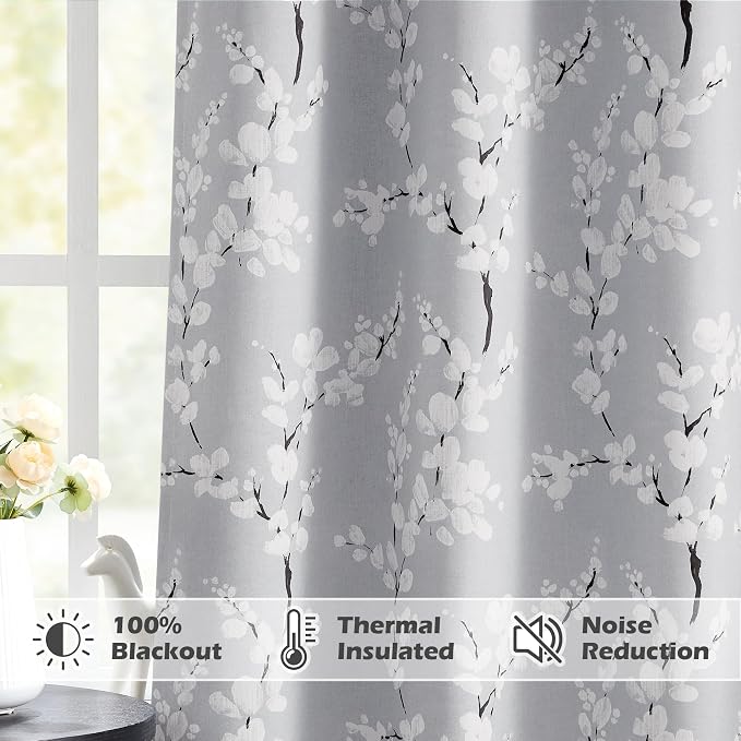 FMFUNCTEX 100% Blackout Grey Floral Curtains, Rod Pocket 18 Inch 1 Panel | Black Out Drapes, Thermal Insulated, Blossom Patterned Short Panel for Kitchen Curtains, Cafe, Bathroom, Door Glass