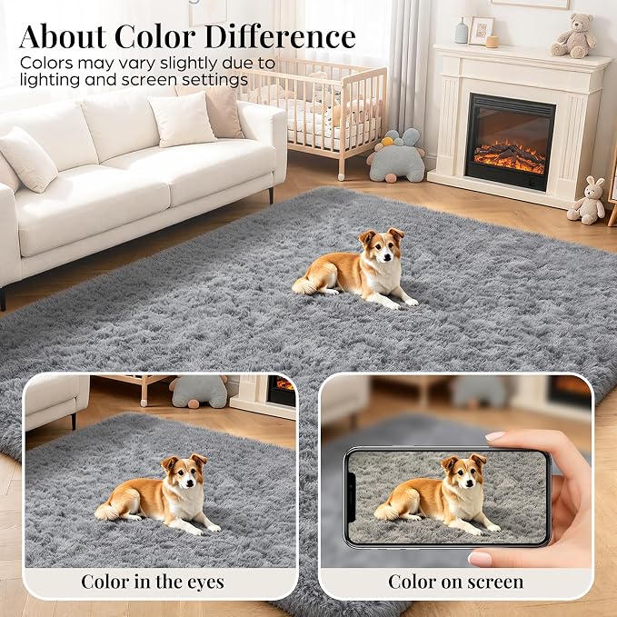 Area Rug for Living Room Bedroom: 5x7 Grey Soft Fluffy Shag Upgrade Non-Slip High Pile Carpet Large Fuzzy Plush Indoor Floor Decor Shaggy Rug for Kid Boys Girls Dorms Playroom Nursery Modern Home