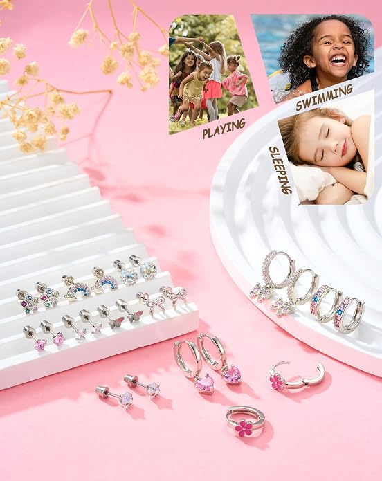 Hypoallergenic Screw Back Earrings for Women Girls Kids Surgical Steel Earrings for Sensitive Ears Cute Heart CZ Flower Butterfly Toddler Girl Earrings Screwback Studs Hoops