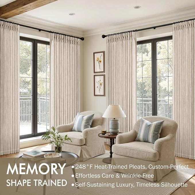 MIULEE Pinch Pleated Thick Linen Curtains 102 Inches Long 2 Panels for Living Room Bedroom, Pinch Pleat Drapes Back Tab Memory Trained Semi Sheer Privacy Neutral Ivory Cream Farmhouse Window Curtains