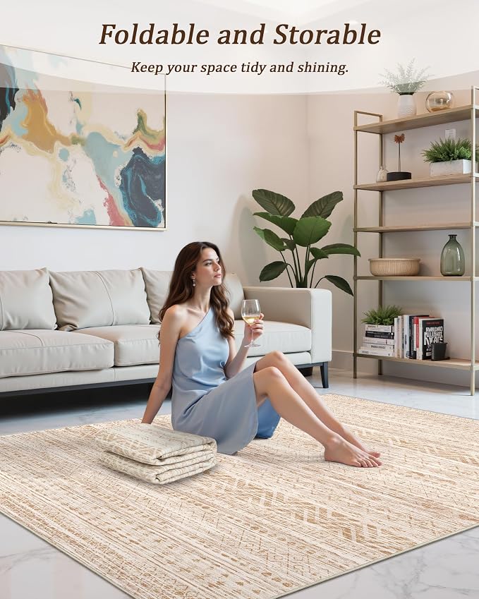 Miukiki 4x6 Area Rug for Living Room Moroccan Washable Rugs Non Slip Indoor Floor Carpet Foldable Large Soft Area Rug for Dining Room Bedroom with Low Pile(Beige,4'x6')