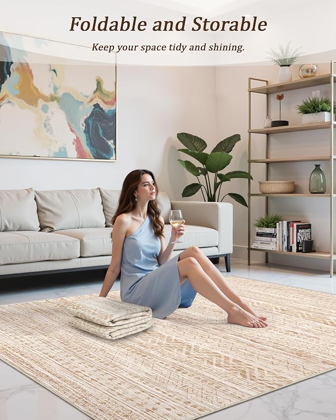 Miukiki 6x9 Area Rug for Living Room Moroccan Washable Rugs Non Slip Indoor Floor Carpet Foldable Large Soft Area Rug for Dining Room Bedroom with Low Pile(Beige,6'x9')