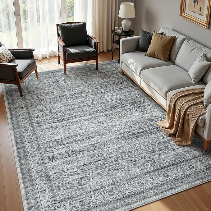5x7 Washable Area Rugs for Living Room Bedroom, Boho Non-Slip Rug | Vintage Distressed Retro; Low Pile; Stain Resistant; Neutral Soft Carpet for Dining Room, Nursery, Home Office; Foggy Grey