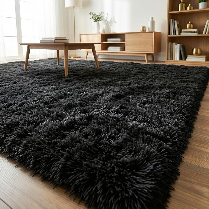 Fluffy Rugs for Living Room: Black Soft Shag Rug for Bedroom, Large Fuzzy Plush Indoor Carpet Non Slip Modern Rug for Nursery Kids Room Dorms Office Home Decor, 9x11 Feet