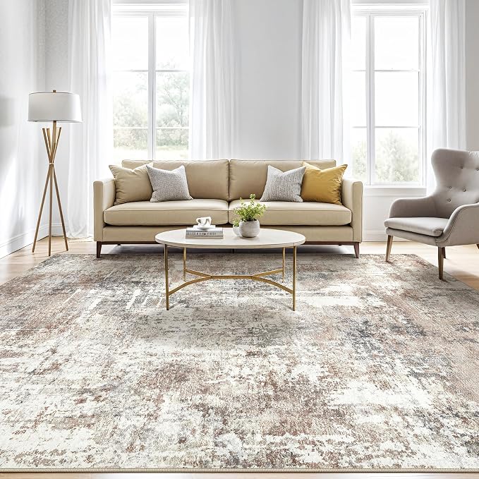 10x13 Area Rug Living Room: Washable Large Abstract Modern Soft Rugs Stain Resistant Indoor Floor Non Slip Accent Carpet for Bedroom Nursery Playroom Office Dining Room Dorm Home Decor- Brown