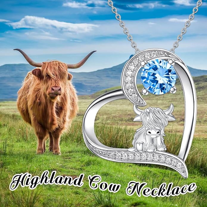 Highland Cow Gifts for Women 925 Sterling Silver Highland Cow Birthstone Necklace Fluffy Cow Jewelry Gifts Birthday Christmas