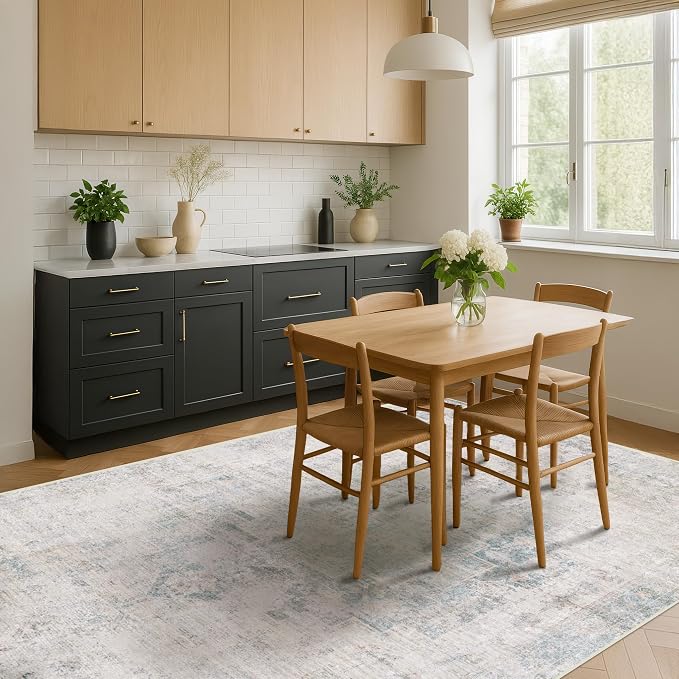 Hazo Haus Washable 6x9 Bedroom Rug - Blue Grey Modern Rug for Living Room, Dining Room Table, Non Slip Soft Faded Print Mat