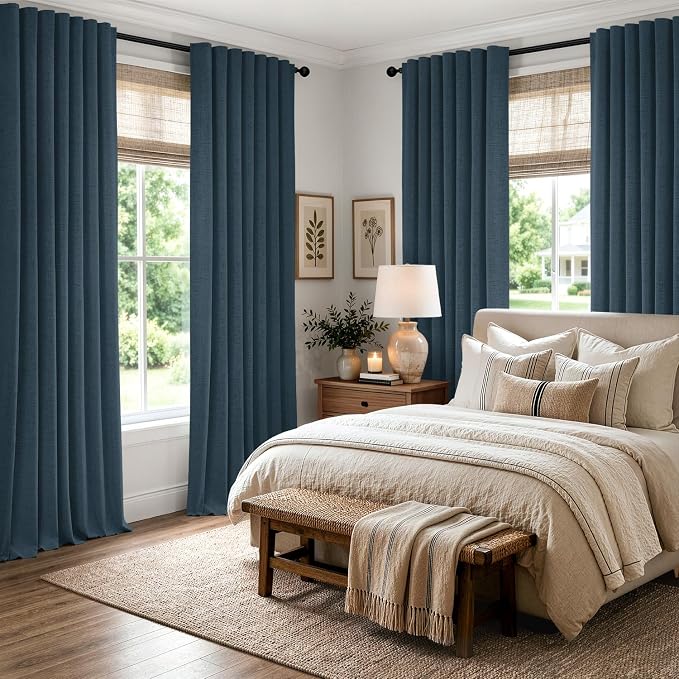 MIULEE 100% Blackout Linen Curtains 42 x 72 Inch Navy Blue 2 Panels | Thermal Insulated, Room Darkening Drapes for Bedroom Living Room, Back Tab Rod Pocket Pinch Pleated, Solid Luxury Decor