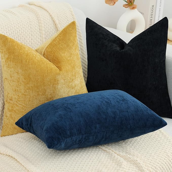 decorUhome Soft Chenille Black Throw Pillow Covers 18X18 Set of 2 | Decorative Fall Couch Pillow Covers Solid Dyed Accent Modern Farmhouse Neutral Square Pillow Cases for Sofa