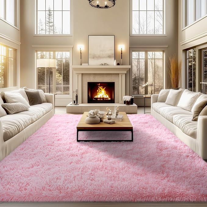 qulint 9x12 Rugs for Living Room, Large Fluffy Pink Area Rugs for Bedroom, Soft Shag Shaggy Rug 9x12 Modern Fuzzy Carpet for Girls Teen Dorm Room Home Decor Aesthetic (9ft x 12ft, Pink)