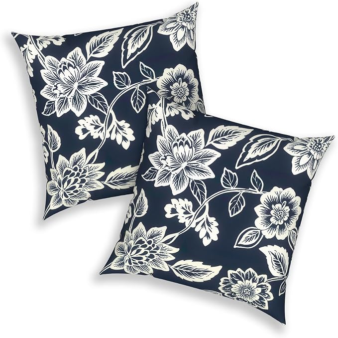Outdoor 20x20 Inch Throw Pillows with Inners, Square Pillows Decorative Set of 2 for Home Garden Furniture, Elegant Vines Navy