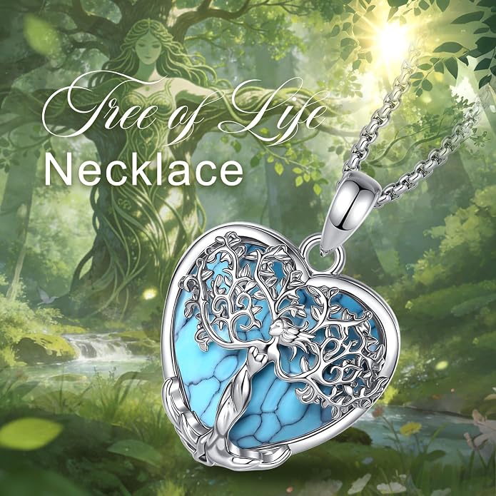 AEONSLOVE Tree of Life Necklace with Crystal for Women, Amethyst/Obsidian/Turquoise/Moonstone/Malachite Crystal Pendant Necklaces for Ladies
