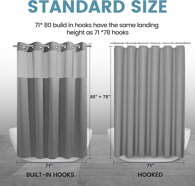 EUTXL Heavyweight Long No Hook Shower Curtain with Snap in Liner,256GSM Waffle Weave Shower Curtains for Bathroom,71W x 80H(78"),Grey