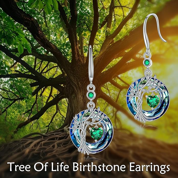 POPLYKE Tree of Life Birthstone Earrings 925 Sterling Silver Dainty Gemstone Birthstone Dangle Drop Earring with Crystal Fine Jewelry Birthday Gifts for Women Her