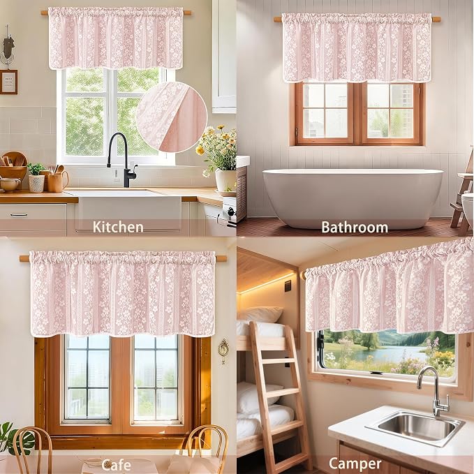 ASPMIZ Linen Valances for Windows Farmhouse, Double Layers Kitchen Curtains with Linen and Lace, Rustic Valance Curtains for Small Window, Kitchen, Bathroom, Cafe, 52 x 18 Inch Rod Pocket, Pink