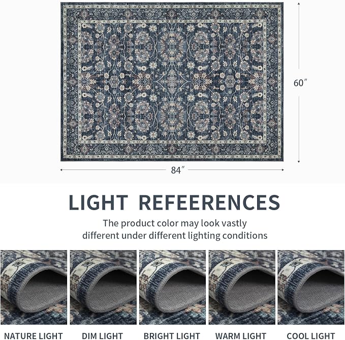 5x7 Vintage Washable Area Rug Blue | Living Room,Low Pile Non Slip Carpet Non-Shedding Soft Indoor Stain Resistant Rug Floral Print Mat for Bedroom Dining Room