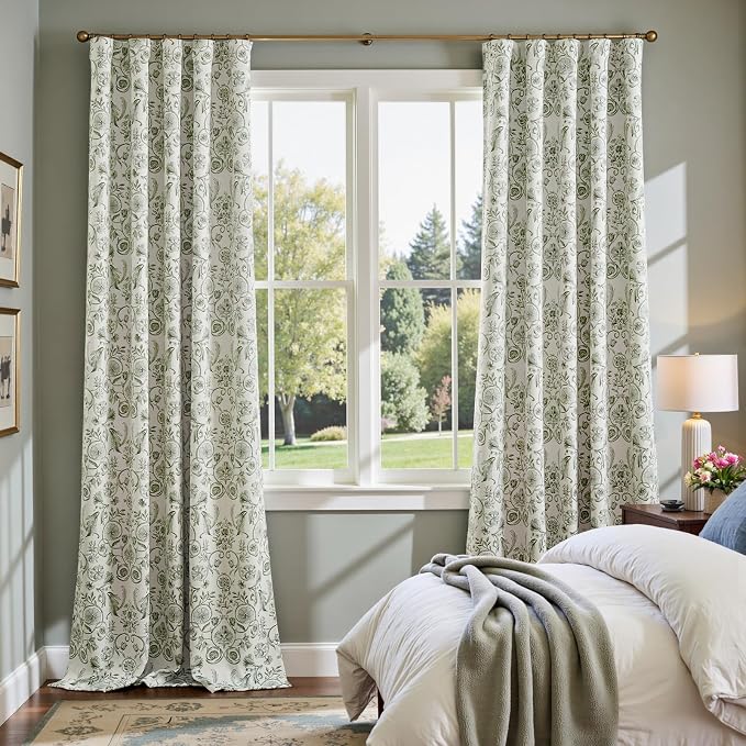 jinchan Green Floral Blackout Curtains 96 Inch Farmhouse Back Tab 2 Panels | Green on beige, room darkening, traditional vintage drapes, bedroom, living room, botanical, flower print, window treatment