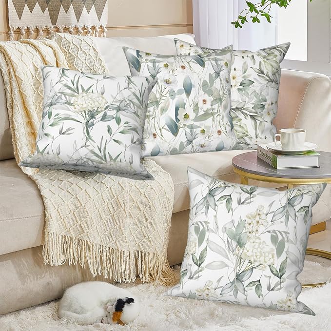 4 Pcs/Set Flowers Pillow Covers Summer White Floral Green Leaves Plants Watercolor Natural Scenery Linen Throw Pillow Covers for Outdoor Couch Sofa Farmhouse Bedroom Decor, 18"x18"