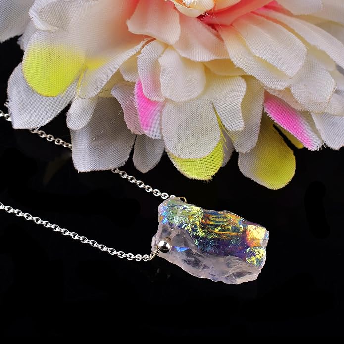 Natural Angel Aura Quartz Crystals Pendant Necklace, Cabochon Gemstone, Energy Healing Crystals, Birthday, Gift for Her, Gemstone Jewelry 18 inch AAA+ Quality