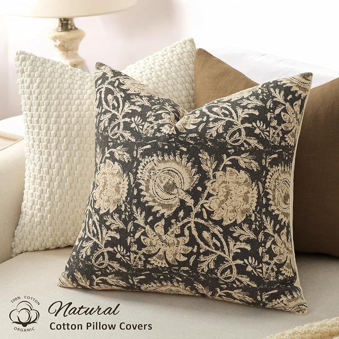 Vintage Floral Print Throw Pillow Covers 12x20 Set of 2 Neutral Modern Farmhouse Pillow Cases Accent Decorative Cushion Covers Boho Home Decor for Couch Sofa Chair Bed Living Room, Black