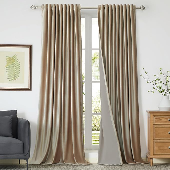 100% Full Blackout Champagne Beige Velvet Curtains 72 inch Long for Living Room,Set of 2 Liner Rod Pocket Back Tab Thermal Window Curtains Room Darkening Decorative Curtains Drapes for Bedroom