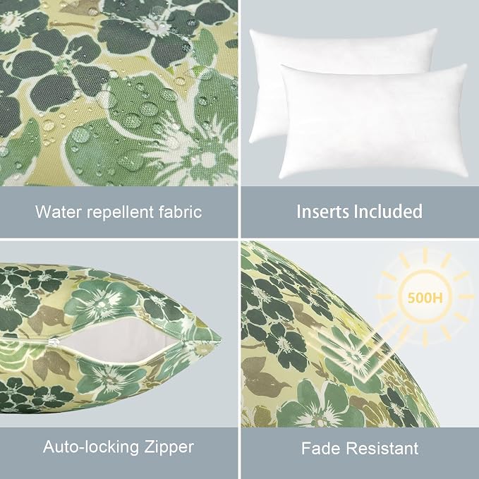 LVTXIII Outdoor/Indoor Lumbar Pillows, Decorative Patio Lumbar Cushions, Fluffy Water Repellent Garden Cushions for Home Patio Coach Sofa Use, 12×20 Inch, Pack of 2, Green Rose