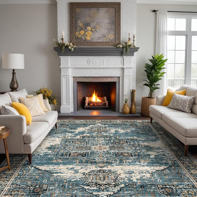 RUUGME 10x12 Area Rug Washable - Vintage Lightweight Rugs for Bedroom Soft Area Rugs for Living Room Stain Resistant Carpet with Non Slip Backing Indoor Ultra-Thin Rugs Home Decor 10x12 Blue