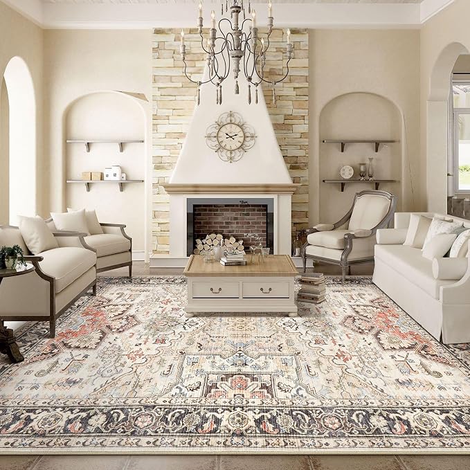 12x15 Area Rugs for Living Room - Large Carpet Ultra Thin Soft Washable Oriental Vintage Floral Distressed Big Indoor Carpets for Bedroom Nursery Dorm Home Decor Aesthetic - Multi Color