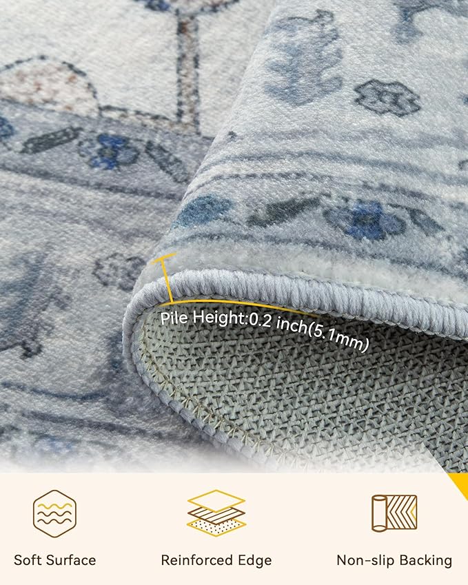 RELEANY Area Rugs Round 5ft Washable Non-Slip, Floral Vintage Distress Medallion Carpet for Living Room Bedroom Dining Room, Light Blue Navy Gray White