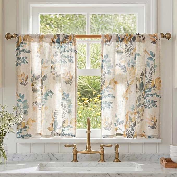 MYSKY HOME Linen Tier Patterned Curtains Over Sink 30 Inch Long Set of 2 Light Filtering Privacy Half Window Curtains with Rod Pocket for Kitchen, Cabinet, Basement, Camper, Yellow and Blue, 30" Wide