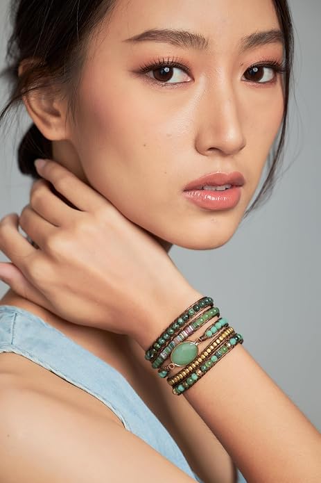 Bracelet for Women – Handmade Vegan Boho Natural Stone Layered Bracelet, Thailand Bohemian Stackable Beaded Wrap Bracelets, Summer Hippie Bracelet Stack, Fashion Jewelry Gifts