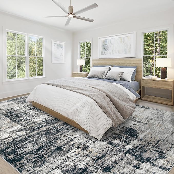 XLUEZ 9x12 Area Rug for Living Room, Washable Modern Abstract Large Area Rug Neutral Soft Non Slip Kids Rug Stain Resistant Indoor Carpet for Bedroom Dining Room Playroom Office(BlackGrey, 9'x12')