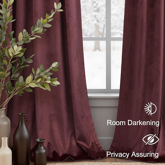 Ruby Wine Velvet Curtains 96 Inches Long for Living Room 2 Panels Light Blocking Energy Efficient Cute Pretty Drape Thick Privacy Nursery Girls Curtain for Bedroom Dining Mauve Plum Colored 96 Length