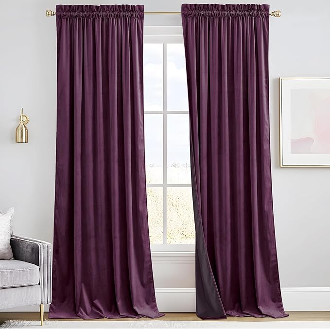 RYB HOME Eggplant Purple Velvet Curtains for Bedroom Living Room, Thermal Insulated Privacy UV Heat Blocking Luxurious Soft Rod Pocket Back Tab Drapes for Nursery, 52" W x 72" L, 2 Panels