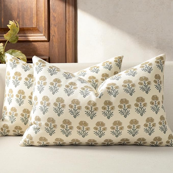 Farmhouse Floral Pillow Covers 12x20 Set of 2, Country Botanical Throw Pillow Cover for Sofa Couch Bed Living Room, Rustic Vintage Flower Cushion Covers Cottage Home Décor,Olive Yellow