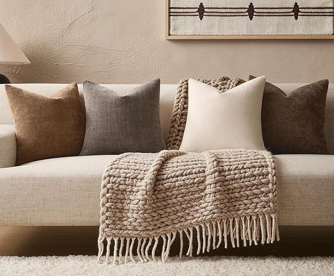 Pack of 4 Throw Pillow Covers 22x22 Inch Chenille Textured Neutral Brown Soft Pillow Covers Solid Decorative Farmhouse Cushion Covers Home Boho Western Decor for Couch Sofa Bed Living Room