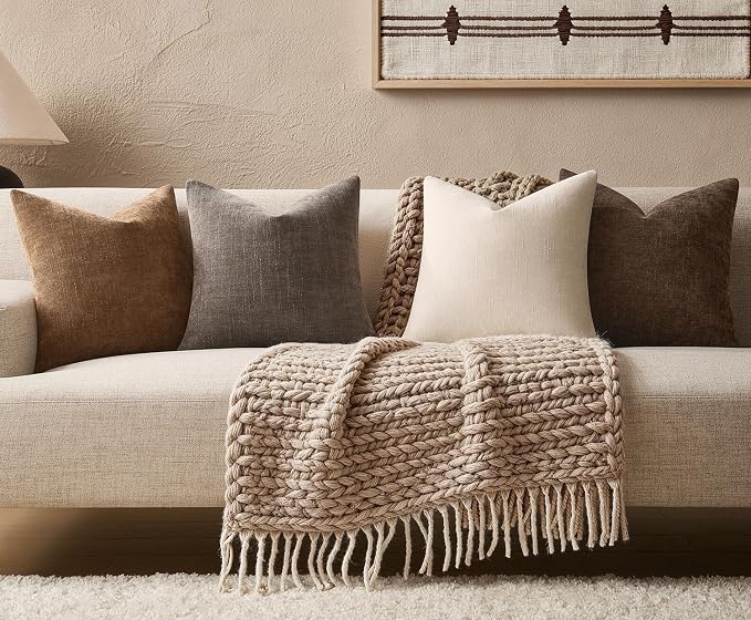 Pack of 4 Throw Pillow Covers 20x20 Inch Chenille Textured Neutral Brown Soft Pillow Covers Solid Decorative Farmhouse Cushion Covers Home Boho Western Decor for Couch Sofa Bed Living Room
